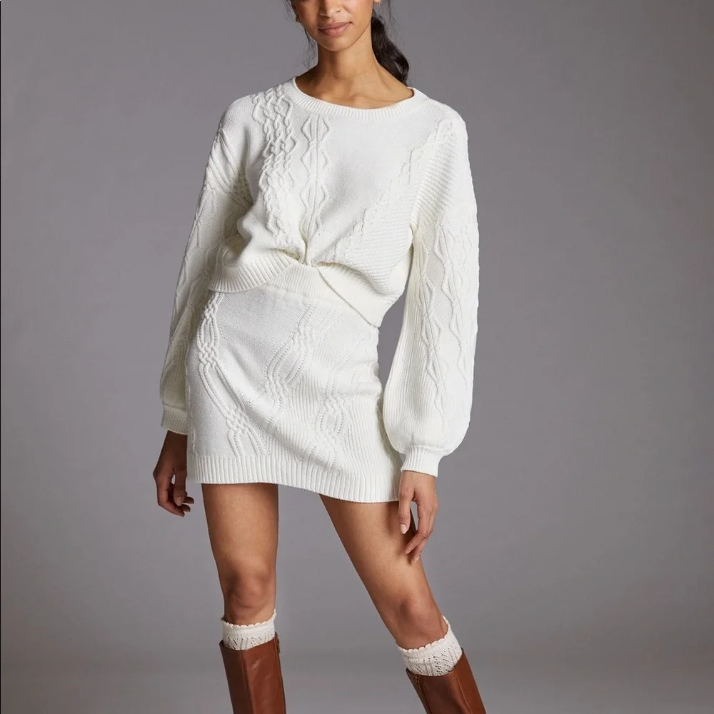 NWT Maeve Anthropologie Cable Knit Sweater Top/Skirt Set Sz Medium - Picture 1 of 11